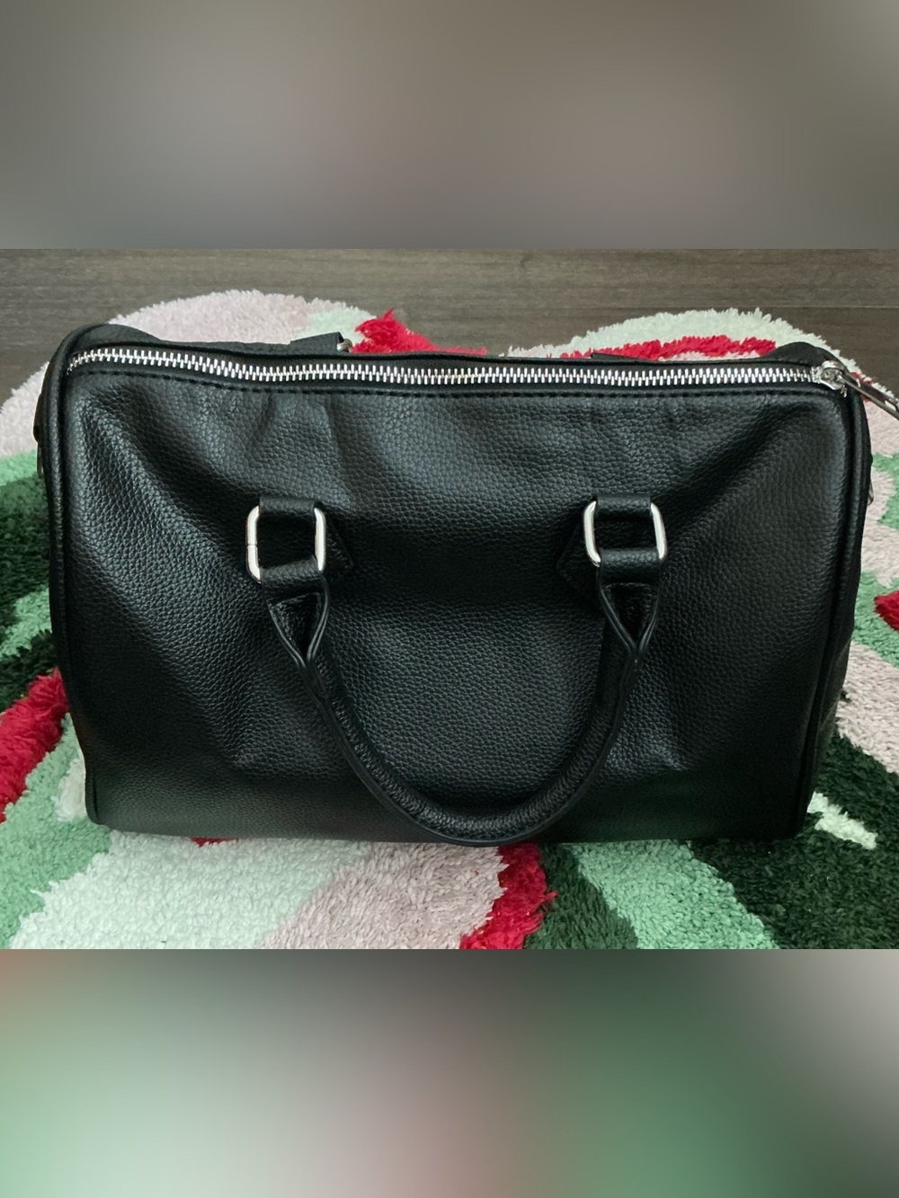 Black Leather Satchel Handbag with Silver Hardware